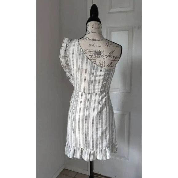 Linen Blend Sleeveless One Shoulder Mini Dress Ruffle Pinstripe Black & white S - Picture 5 of 14